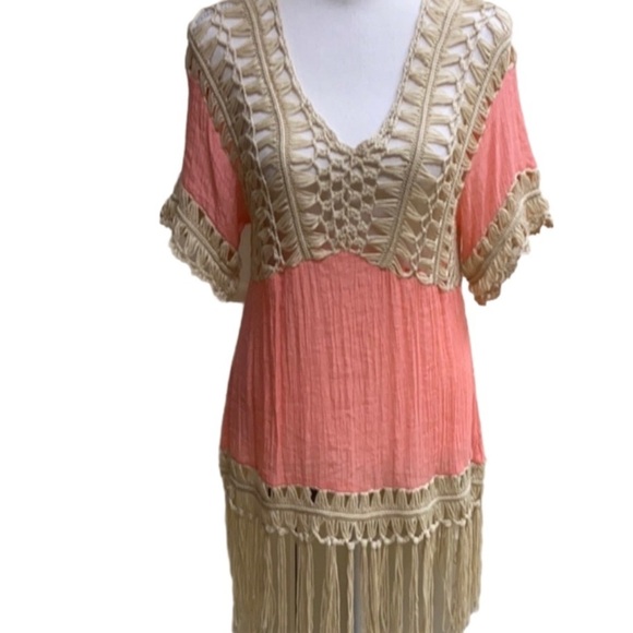 Kori Peach Bohemian Crochet Lace Fringe Top Swim Coverup Dress Gauzy Sz S - Picture 11 of 11